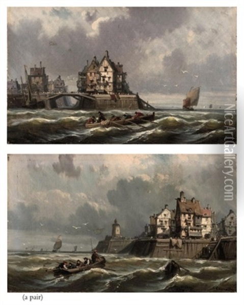 Off The Coast On Heavy Waters (+ Another; Pair) Oil Painting - Charles Euphrasie Kuwasseg