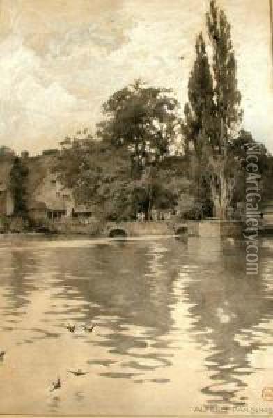 Figures In A Tranquil River Scene Oil Painting - Alfred Parsons