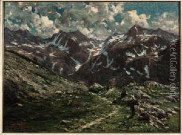 Paesaggio Alpino Con Escursionisti E Fotografo Oil Painting - Angelo Garino