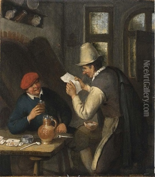 A Notary Reading A Letter To A Peasant Seated At A Table, Drinking And Smoking In An Interior Oil Painting - Cornelis Dusart