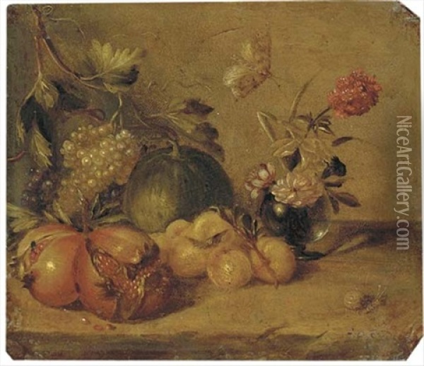 Pomegranates, Grapes, Peaches And A Melon, With Peonies In A Glass Vase On A Stone Ledge, With A Butterfly And A Snail Oil Painting - Abraham Brueghel