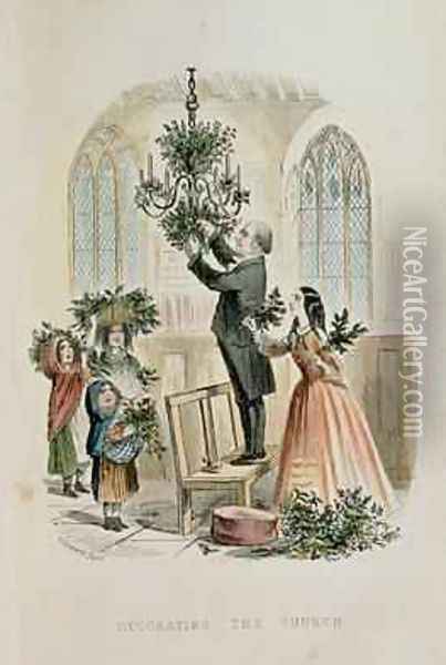 Decorating the Church from The Anniversary A Christmas Story Oil Painting - Thomas Onwhyn