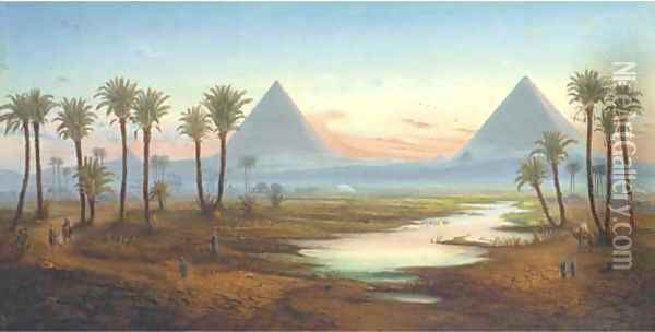 The pyramids at Giza, Egypt Oil Painting - German School