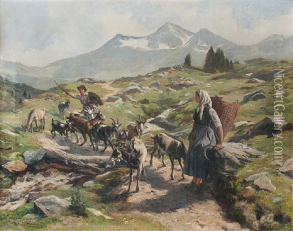 Auf Dem Almweg - Ziegenhirte Und Sennerin Oil Painting - Rudolf-Alfred Jaumann