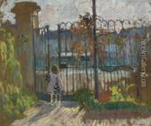 Lagny, Nono A La Grille Du Jardin Oil Painting - Henri Lebasque