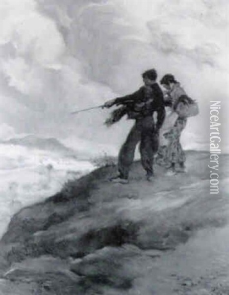 Young Gypsy Couple Surveying Windswept Valley Oil Painting - Francis Luis Mora