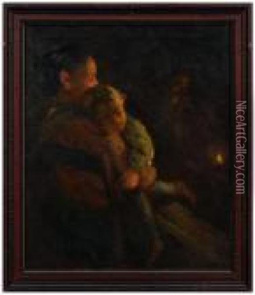 Mother Holding A Child Lit By Candlelight Oil Painting - Leon Augustin Lhermitte