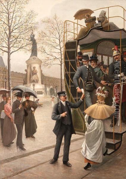 Catching The Trolley Oil Painting - Charles Borromee A. Houry