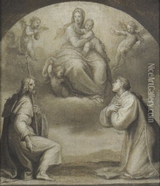 La Madonna Con Bambino In Trono Con I Santi Giacobbe E Stefano Oil Painting - Ottavio Vannini