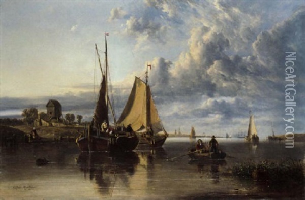 Dutch Barges In A Calm On A River Estuary Oil Painting - Alfred Montague