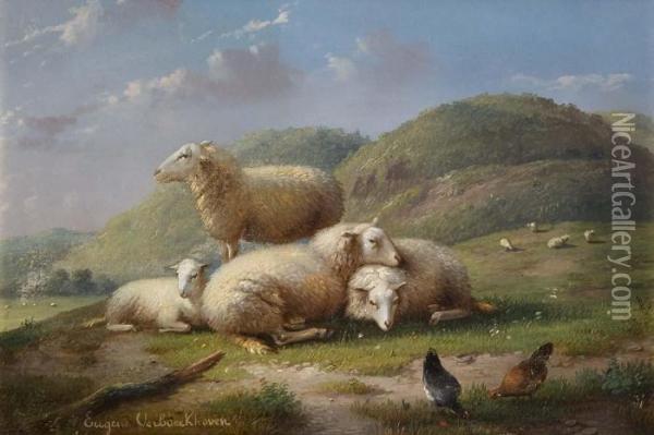 Schafe Und Huhner In Romantischer Hugellandschaft Oil Painting - Eugene Joseph Verboeckhoven
