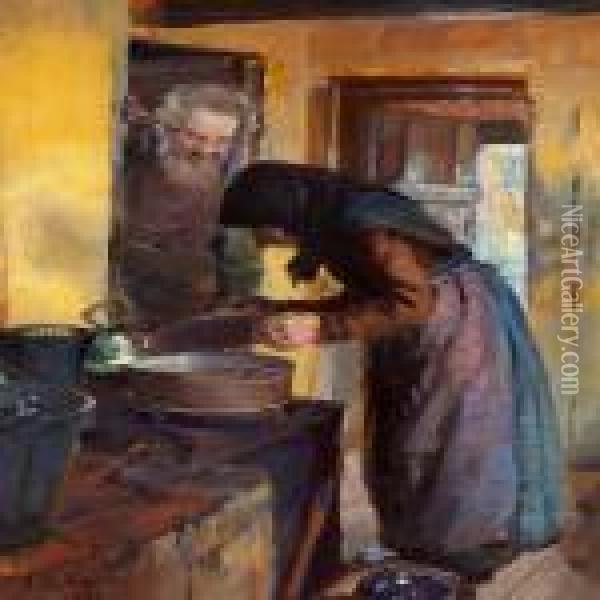 Interior From Skagen With Soren Bratten And His Wife In Thescullery Oil Painting - Anna Ancher