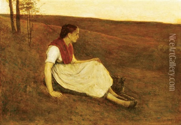 Shepherdress With Dog At Dusk Oil Painting - Alexander Theodore Honore Struys