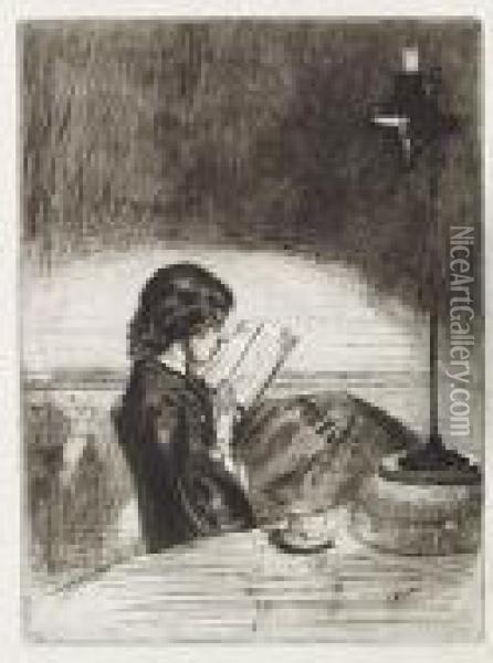 Reading By Lamplight Oil Painting - James Abbott McNeill Whistler