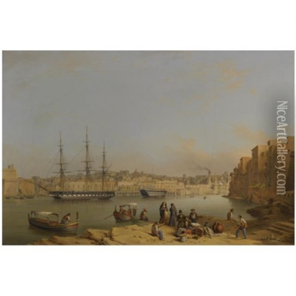 Hms "leander" At Anchor In Dockyard Creek, Valetta Harbour, A Man-of-war Being Fitted Out Beyond Oil Painting - Giovanni Jean Schranz