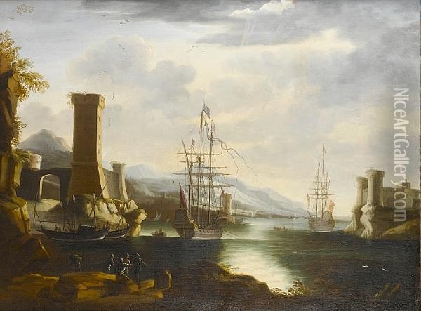 A Mediterranean Harbour With 
Moored Shipping, A Fortress Beyond And Stevedores On A Bank In The 
Foreground Oil Painting - Johann Eismann