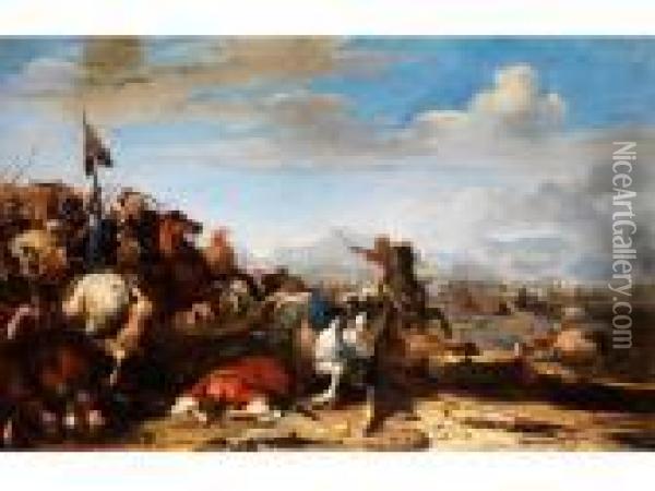 Schlachtenszene Zwischen Dem Christlichem Und Dem Turkischen
Reiterheer Oil Painting - Jacques Courtois Le Bourguignon