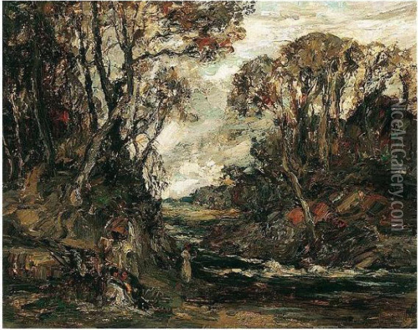 Figures By A Woodland Stream Oil Painting - William Mouncey