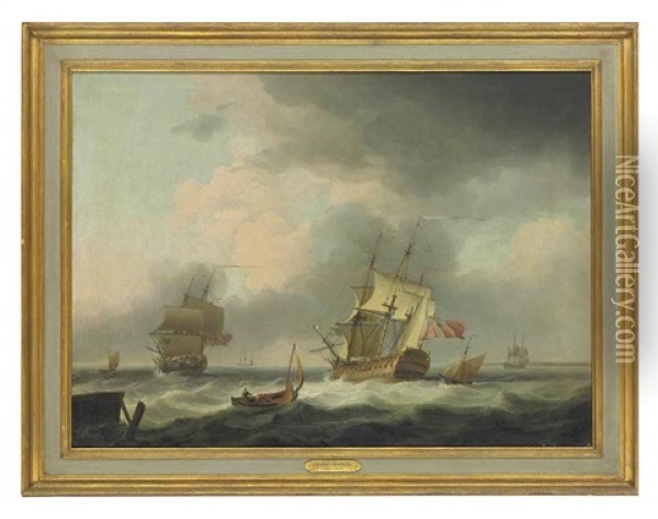 A 74 And A Frigate In A Stiff Breeze In The Channel, With Coastal Craft And Other Shipping Beyond Oil Painting - Charles Brooking