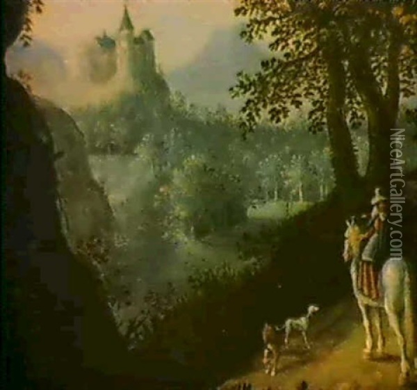 Waldlandschaft Mit Einer Burg Und Einer Reiterin Oil Painting - Jasper van der Laanen