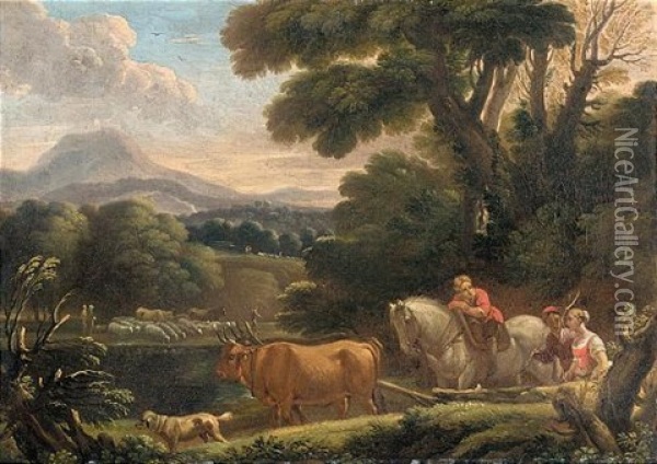 Italianate Landscape With Drovers And Their Animals Beside A River Oil Painting - Pieter Mulier the Younger