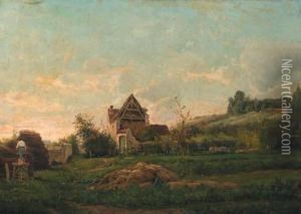 Peasants At Work By A Farm In A Valley In Summer Oil Painting - Edmond De Schampheleer