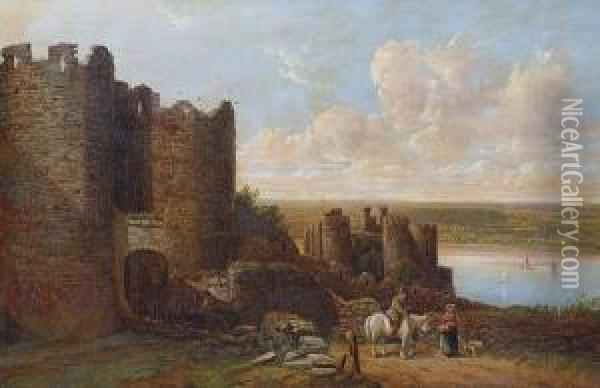 Coastal Castle With Figures And Horse Before Oil Painting - John Joseph Hughes