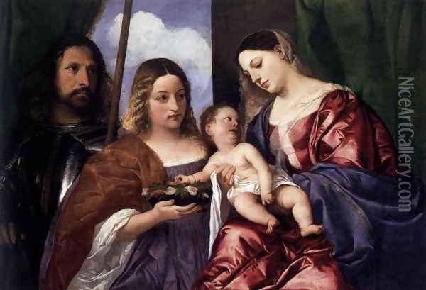Madonna and Child with Sts Dorothy and George Oil Painting - Tiziano Vecellio (Titian)