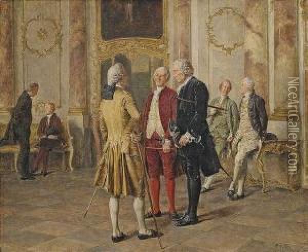 Rococo Gentlemen Waitingand Talking In An Antechamber. Oil Painting - Carl Seiler