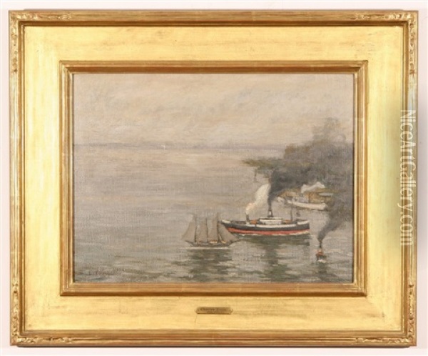 Steamboat And Sailboat In Brooklyn Harbor Oil Painting - Charles Vezin