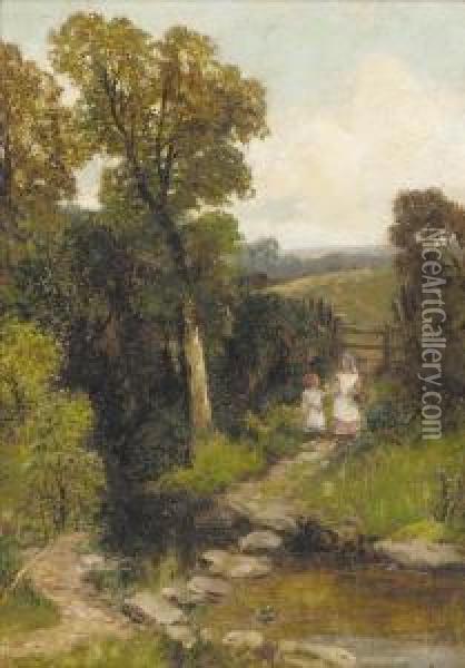Young Girls By The Stepping Stones Oil Painting - Robert John Hammond