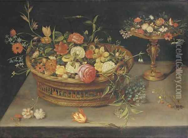 Roses, peonies, tulips, narcissi, carnations, poppies and other flowers in a basket and a gilt tazza, on a table Oil Painting - Jan Brueghel the Younger