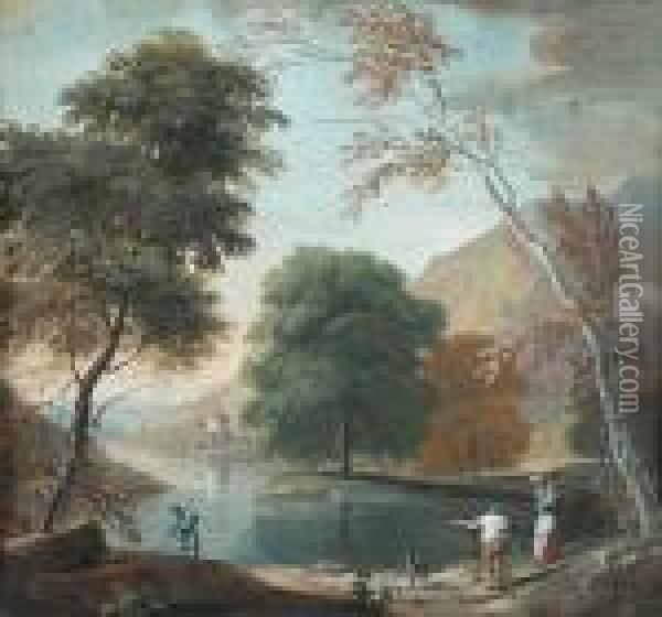 An Italianate Landscape With 
Figures Beside A Lake; And An Italianate Landscape With Travellers On A 
Path Oil Painting - Marco Ricci