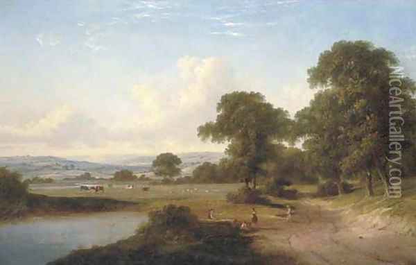 Children by a pond in a wooded landscape with cattle beyond Oil Painting - William Heath