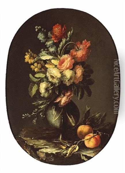 A Still Life Of Flowers In A Vase Along With Two Peaches On A Ledge (+ Another; Pair) Oil Painting - Domenico Bettini