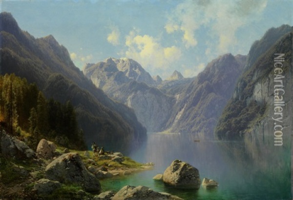 Konigsee Mit Watzmann Und Sankt Bartholoma, Im Vordergrund Rastende Jager Oil Painting - Karl Millner