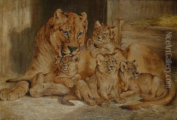 A Lioness And Her Cubs Oil Painting - Herbert H. Harley