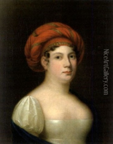 Portrait Einer Dame Mit Rotem Turban Und Blaurer Stola Und Herr In Blauem Jackett Oil Painting - Carl Von Sales