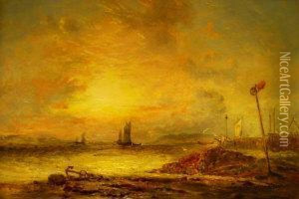 Shipping Off A Harbour At Sunset Oil Painting - Alexander James Webb