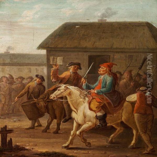Riders And Curious Onlookers In A Village Oil Painting - Christian August Lorentzen