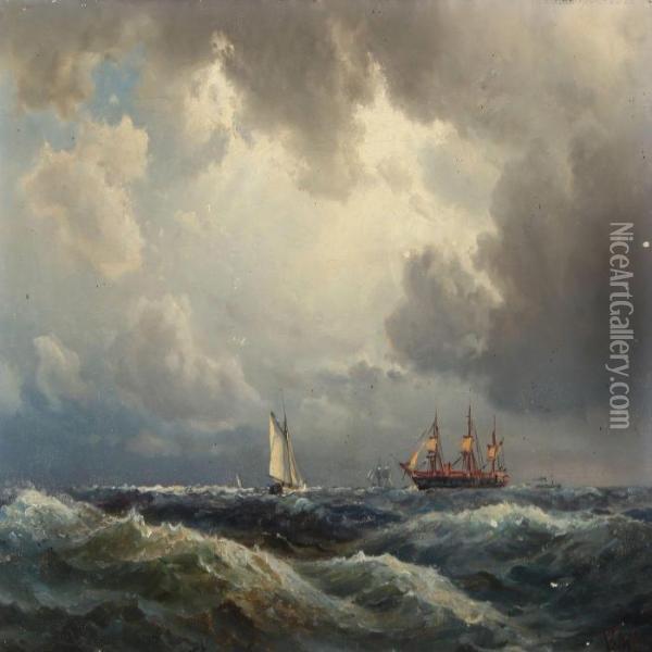Seascape With Sailing And Motor Ships Oil Painting - Vilhelm Melbye