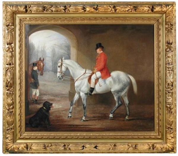 A Shropshire Squire Going Hunting, Wearing A Nosegay Of Flowers, Riding A Grey Hunter, His Groom With A Chestnut Second Horse And Sandwich Box On His Back, And A Black Retriever Alongside Oil Painting - Edward Lloyd