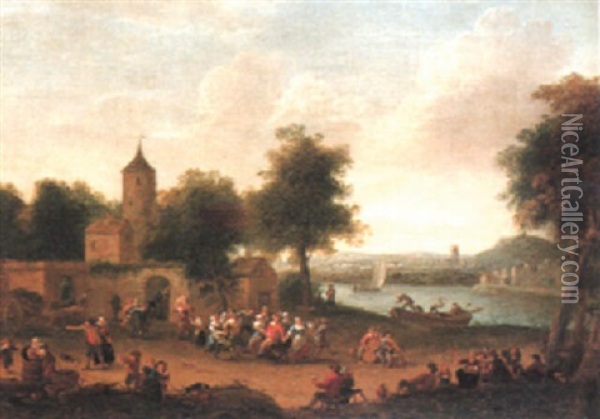 Villagers Dancing Outside The Walls Of A Village Oil Painting - Pieter Bout