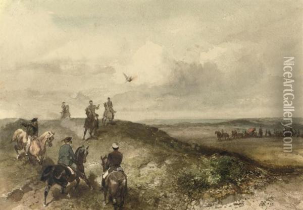 A Royal Hunting Party: Queen Emma On A Falcon Hunt Oil Painting - Charles Rochussen