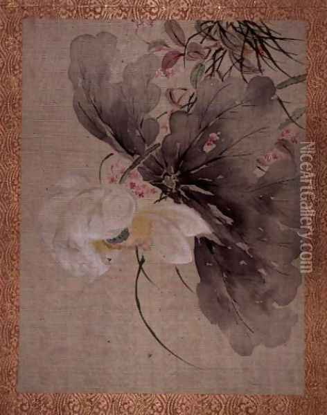Peony Tree and Japanese Crab Apple Tree with blossom, from an album of twelve studies of Flowers, Birds and Fish Oil Painting - Tsubaki Chinzan