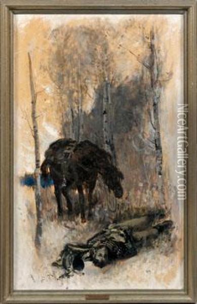 Gefallener Husar Mit Seinem Pferd Im Birkenwald Oil Painting - Carl von Marr