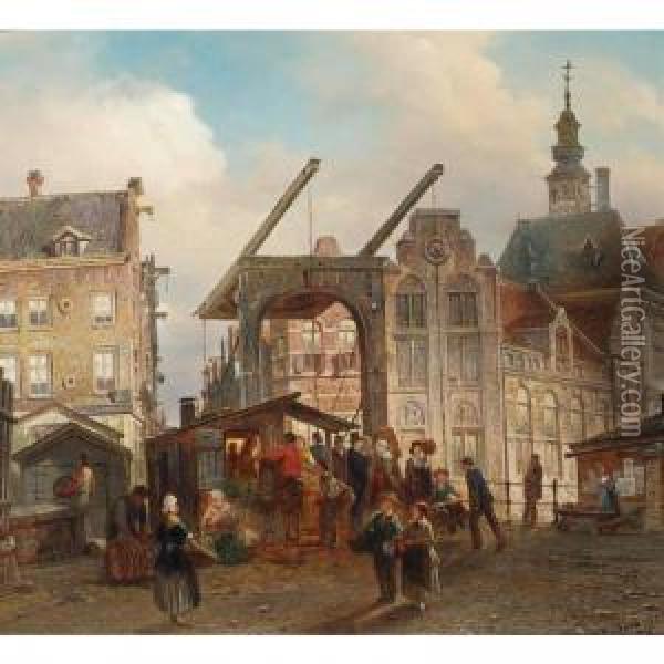 Many Figures Near A Drawbridge In A Dutch Town Oil Painting - Elias Pieter van Bommel