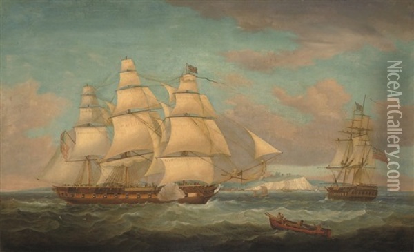 An East Indiaman In Two-positions Off Dover Calling For A Pilot Oil Painting - Charles Augustus Mornewick