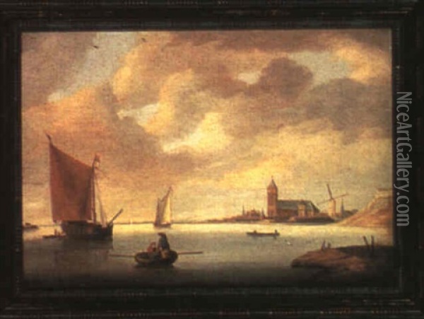 Boats In Calm Water Off A Dutch Town Oil Painting - Jan van Os
