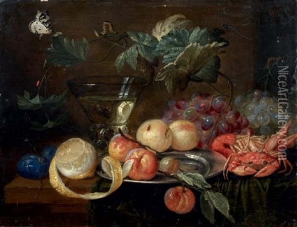 Nature Morte Aux Raisins, Peches Et Crustaces Oil Painting - Jan van Kessel the Elder